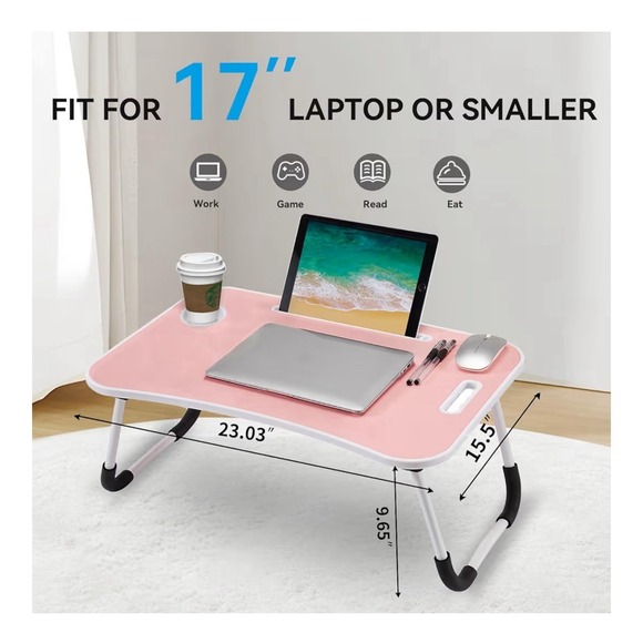 BUYIFY Folding Lap Desk, 23 Inch Portable Wood Pink Laptop Bed Desk Lap Desk - Picture 2 of 2